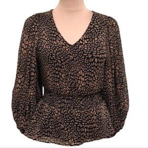 1.State Leopard Print Smocked Waist Balloon Sleeves Peplum Blouse Top Sz Medium